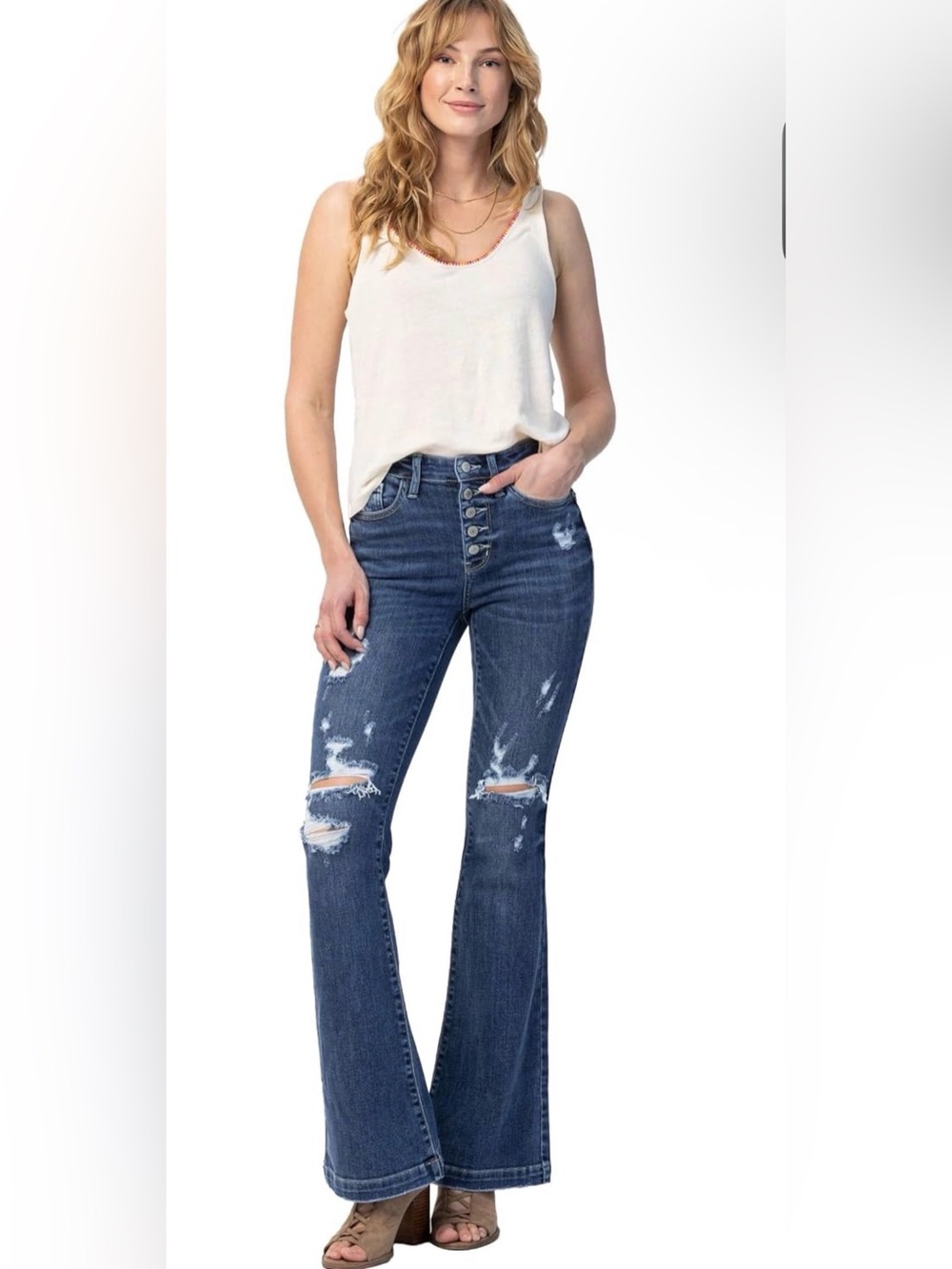 Judy Blue Trouser Flare Button Fly Mid Rise Denim Jeans Size 18 Destressed